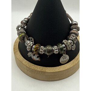 Silver Tone Loaded Charm Bracelet Peace Dove Earthy Green Glass Beads Jewelry